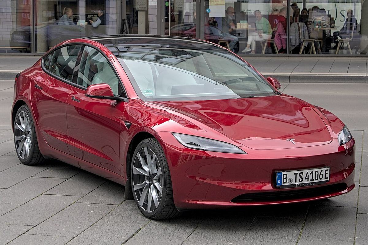 Tesla Model 3, recent model, front three-quarter view